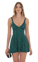 Floral Bow Tie Fit and Flare Dress in Green