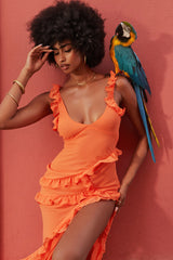 flame orange ruffle maxi dress