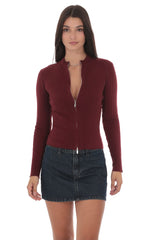 Mock Neck Zip-Up Cardigan in Maroon