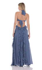 Chiffon Cutout Ruffle Maxi Dress in Blue