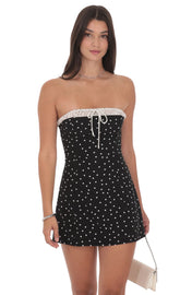 Polka Dot Ruched Trim Dress in Black