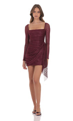 Foil Mesh Long Sleeve Tassel Dress in Burgundy
