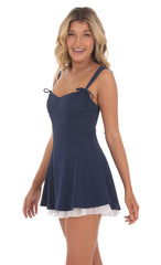 Bow Strap Shimmer Ruffle Dress in Navy