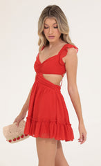 Dotted Chiffon Ruffle Dress in Red