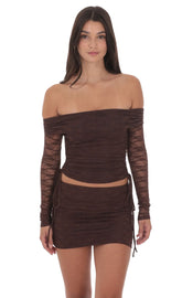 Off Shoulder Ruched Top in Brown