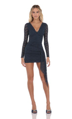 Lace Long Sleeve Tassel Dress in Navy
