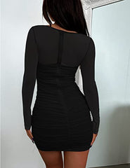 BORIFLORS Women's Sexy Ruched Bodycon Mini Dress Mesh Long Sleeve Club Party Short Dresses