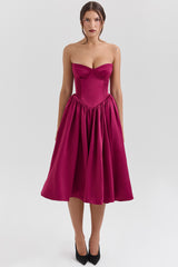 burgundy satin tulle midi dress