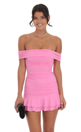 Off Shoulder Ruched Ruffle Dress in Pink