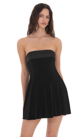 Strapless Velvet Skater Dress in Black