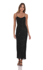 Lace Trim Sequin Maxi Dress in Black