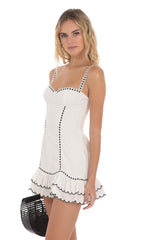 Black Thread Ruffle Dress in White