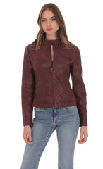 Faux Leather Biker Jacket in Burgundy