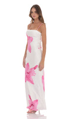 Satin Floral Open Back Maxi Dress in White