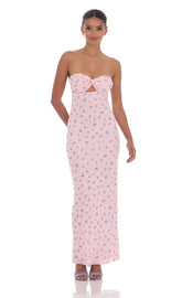 Mesh Floral Strapless Cutout Maxi Dress in Pink