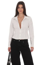 Pinstripe Ruffle Hem Button-Up Shirt in White