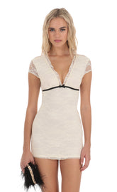 Lace Short Sleeve Bodycon Dress in Cream