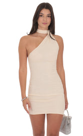 Scarf Halter Rhinestone Dress in Cream Beige