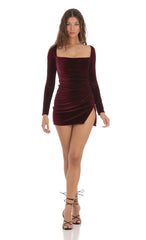 Square Neck Velvet Dress in Burgundy