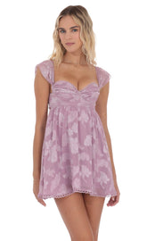 Embroidered Trim Floral Babydoll Dress in Lilac