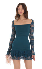 Lace Ruffle Bodycon Dress in Teal