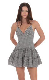 Gingham V-Neck Dress in Black and White