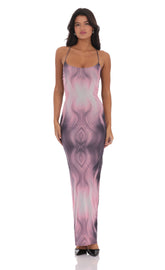 Mesh Print Bodycon Maxi Dress in Pink