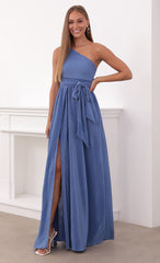 One Shoulder Pleated Dress in Periwinkle Blue