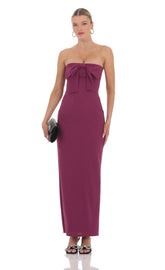 Bow Strapless Maxi Dress in Plum