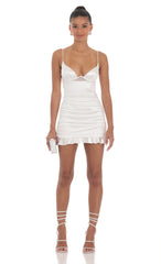 Satin Ruched Ruffle Dress in White