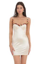 Floral Embroidered Trim Satin Dress in Cream