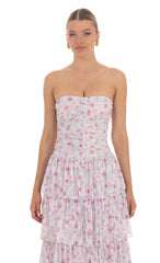 Floral Lace Ruched Ruffle Maxi Dress in White