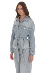Oversized Belted Denim Jacket in Light Blue