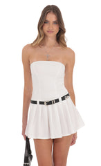 Pleated Strapless Dress in White