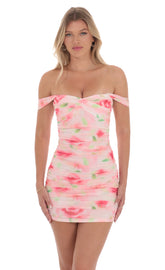 Floral Mesh Off Shoulder Bodycon Dress in Pink