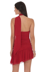 Asymmetrical Mesh Scarf Dress in Red