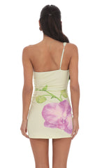 One Shoulder Floral Print Dress in Pastel Green
