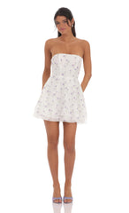 Floral Sheen Strapless A-line Dress in White