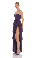 Mesh Ruffle Maxi Dress in Dark Purple