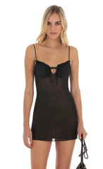Mesh Front Tie Dress in Black