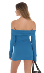 Twist Ribbed Off Shoulder Sweater Dress in Blue