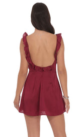 Satin Ruffle V-Neck Dress in Maroon