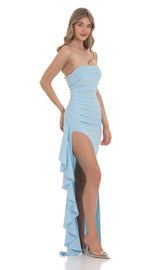 Strapless Ruched Ruffle Maxi Dress in Blue