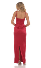 Satin Bodycon Maxi Dress in Red