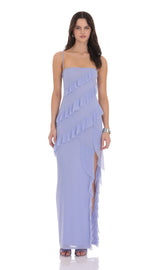 Ruffle Mesh Square Neck Maxi Dress in Periwinkle