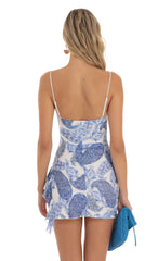 Paisley Ruffle Slit Mini Dress in White