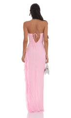 Mesh Strapless Triple Ruffle Maxi Dress in Pink