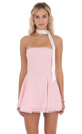 Satin Scarf Strapless Dress in Pink