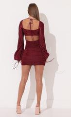 Pleated Long Sleeve Dress in Ruby
