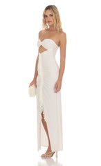 Mesh Cutout Ruffle Maxi Dress in White